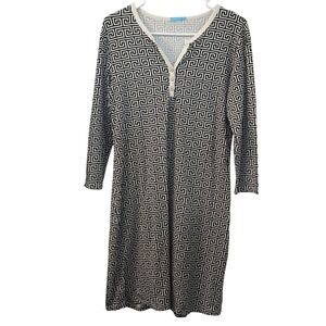 J. McLaughlin Greek Key Print V Neck Henley Dress Black White Size Medium Beach